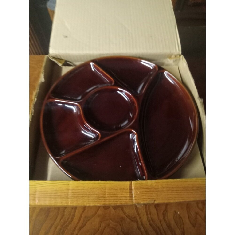 Vintage 1970s Fondue Plates – Set of 4 – Brown Ceramic – In Original Box